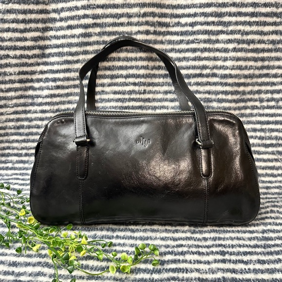 Monsac Genuine Leather Black Satchel Shoulder Bag zip Top Vintage - Picture 1 of 9